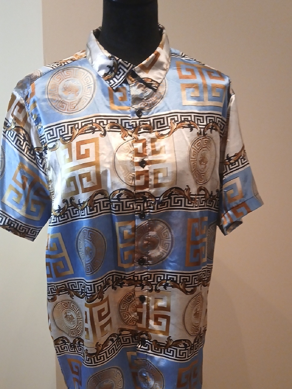 Mens Blue and Gold Patterned Short-Sleeve Shirt